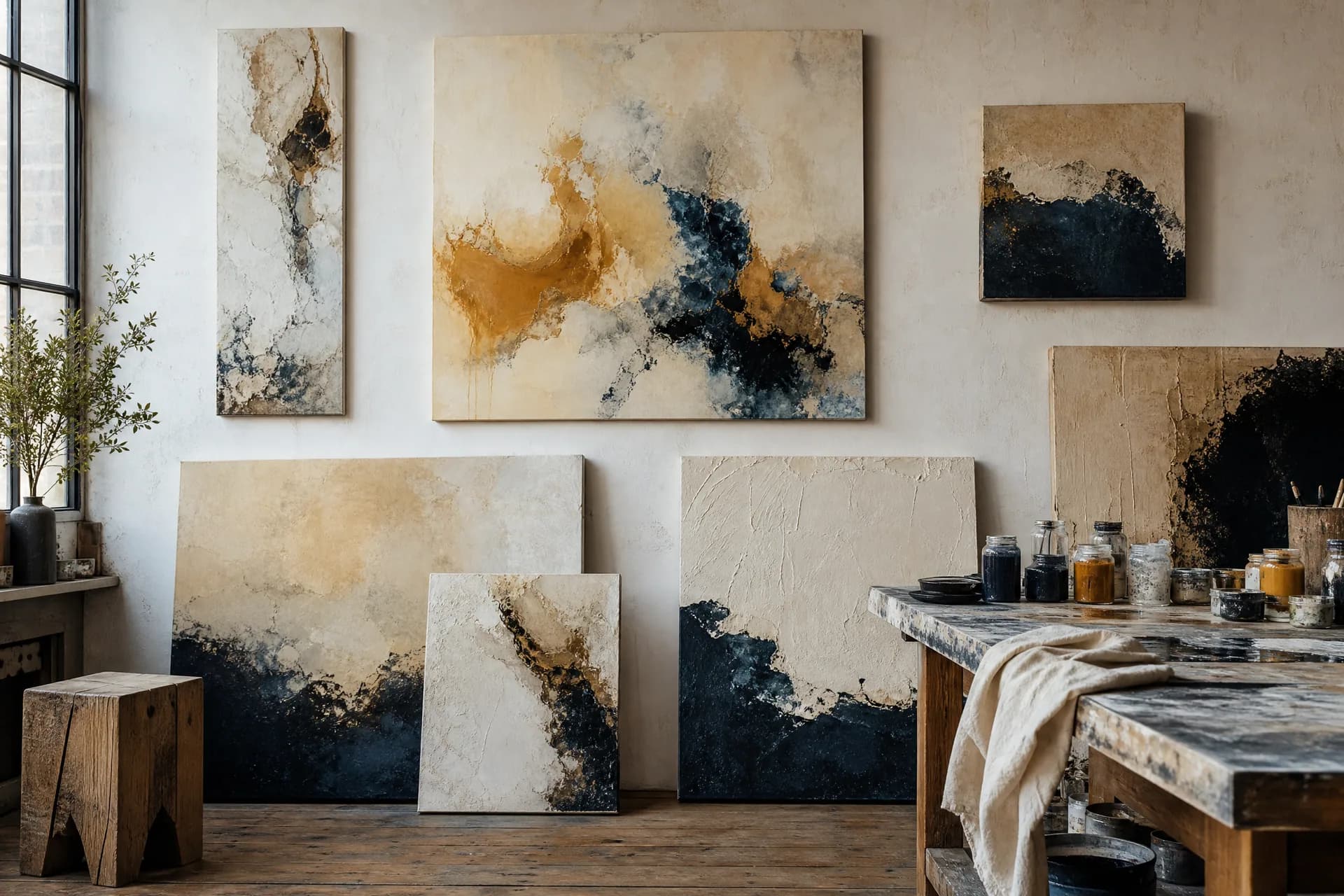 Paintings and pigments in the studio